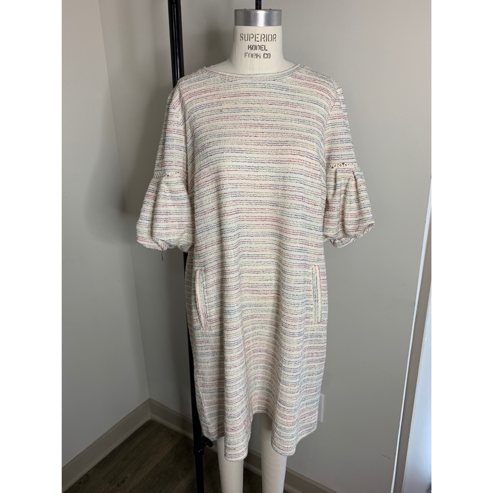Soft Knit Cream & Color Puff Sleeve Dress
